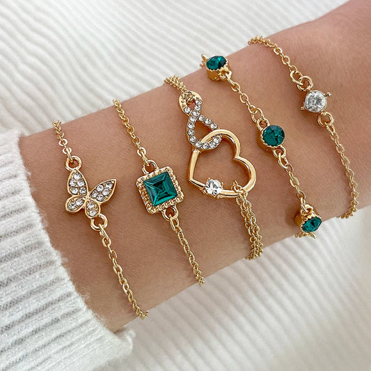 5Pcs/Set Rhinestone Butterfly & Heart Love Infinite Decor Imitation Gem Metal Hollow Bracelet For Women For Daily Decoration Good Vibrations Adult Super Store
