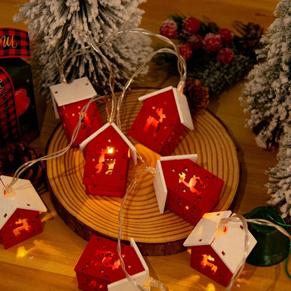 Christmas Wooden House LED String Light Xmas Tree Garland Home Fairy Lamp Merry Christmas Hanging Ornament 2025New Year Gift Noe Good Vibrations
