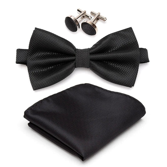 Men Bowtie Set 3pcs Plaids Classic Fashion Wedding Party Formal Cufflinks Bow Tie Handkerchief Cuff Links Lots Three Piece Set Good Vibrations