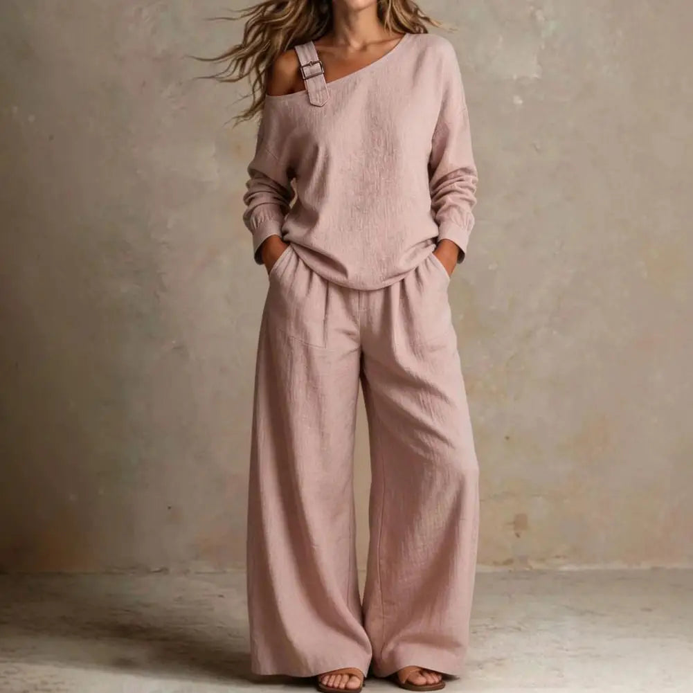 Women Two Piece Matching Set for Fall Off-Shoulder Long Sleeve Top & High Waisted Wide Leg Pants Loose Shirt Trouser Lounge Set Good Vibrations
