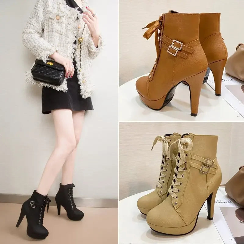 Women's Boots High Heels New 2025 Autumn Cross-tied Fashion Belt Buckle Height Increased By 6-8cm Round Toe Strap Women's Boots Good Vibrations
