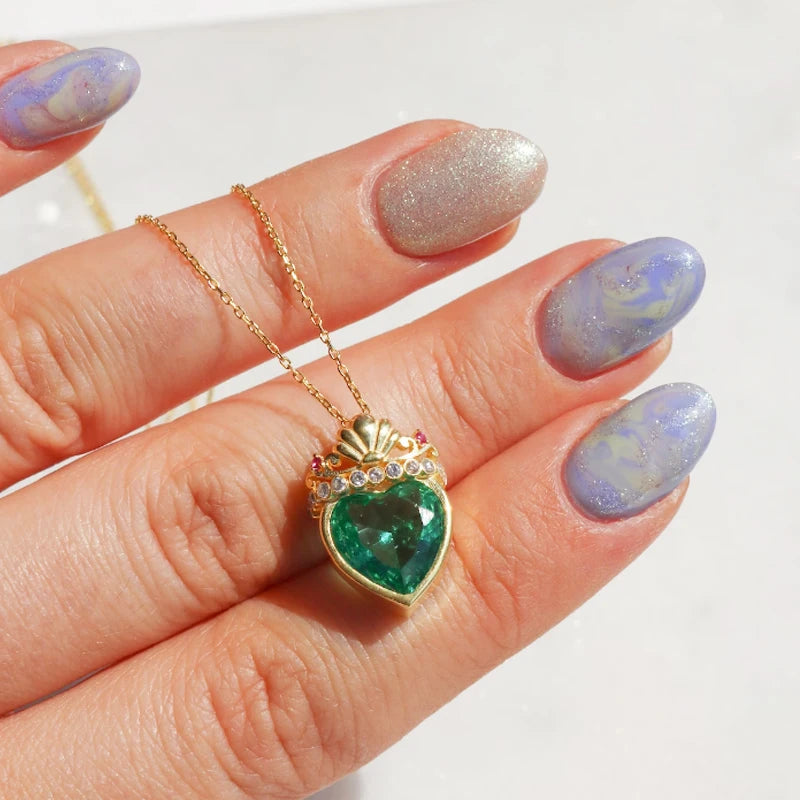 Ariel Crown Charm Necklace Women Girls Fashion Wedding Geek Party Jewelry Green Heart Shell Princess Crown Necklace Gift For Her Good Vibrations