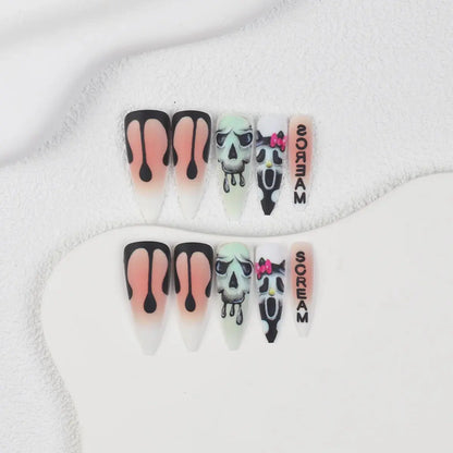 24pcs Long Sharp Halloween Series Horror Ghost Matte Fake Nails Horror Theme Fingernails for Halloween Party Good Vibrations