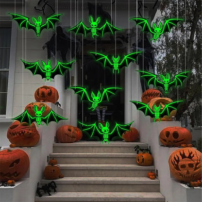 10pcs Halloween Hanging Glow-in-the-Dark Bats - 3D Glowing Green Plastic Decorations for Haunted House Parties Good Vibrations