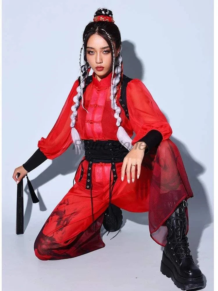 Jazz costume in red Chinese style for women with braided hair, suitable for fashion business shows.