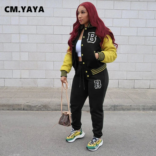 CM.YAYA Baseball Women's Set Autumn Winter Button Up Patchwork Sweatshirt and Pants Matching Two 2 Piece Set Outfits Tracksuit Good Vibrations