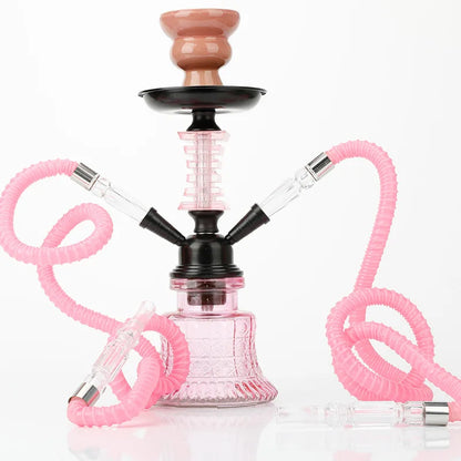 Ceramic hookah set with pink two-tube design and glass bottle, ideal for travel and home decoration.