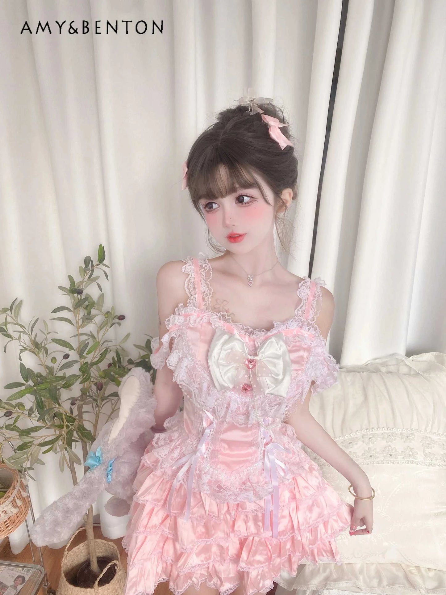 Sweet Cute Heavy Industry Skirt Sets Bow Lace Vest Mini Y2K