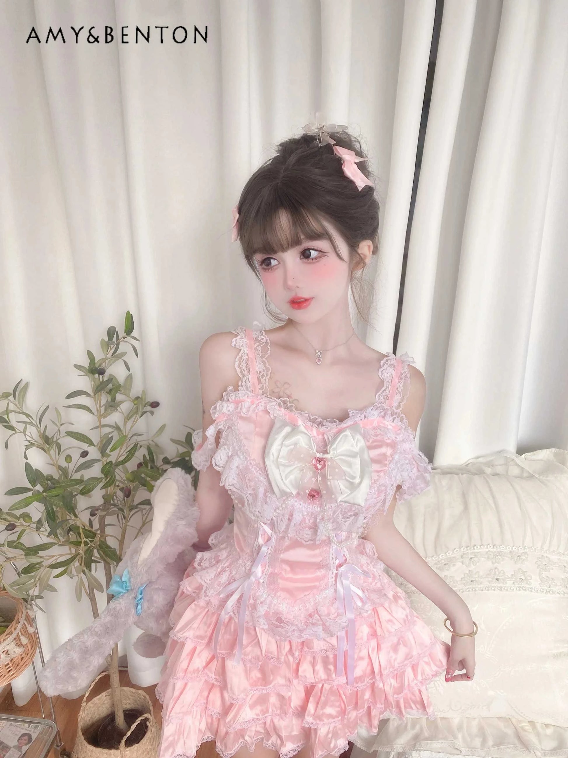 Sweet Cute Heavy Industry Skirt Sets Bow Lace Vest Mini Y2K