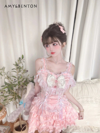 Sweet Cute Heavy Industry Skirt Sets Bow Lace Vest Mini Y2K