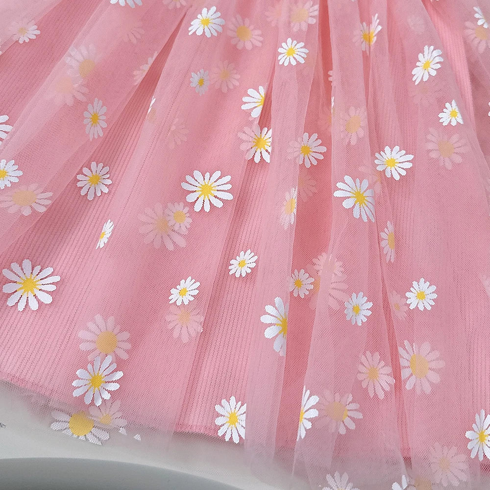 Summer Pink Cute And Cool Halter Dress Small Daisy Flower Mesh Puffy Princess Dress Children's Clothing Good Vibrations