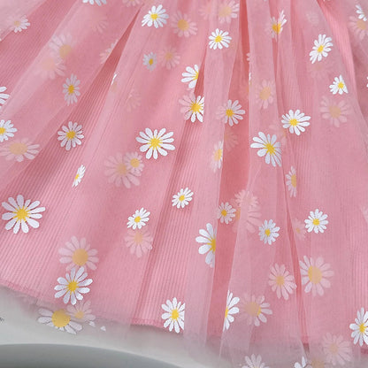 Summer Pink Cute And Cool Halter Dress Small Daisy Flower Mesh Puffy Princess Dress Children's Clothing Good Vibrations