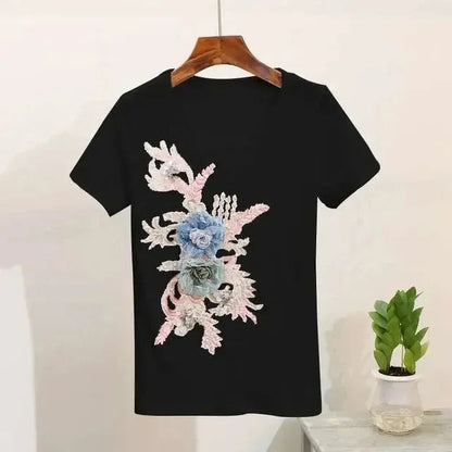 Two-Piece Suit 2025 Summer New Women Denim Pants Beading Embroidery Tshirt Tops+ High Waist Hole Jeans Female Casual Outfits Good Vibrations