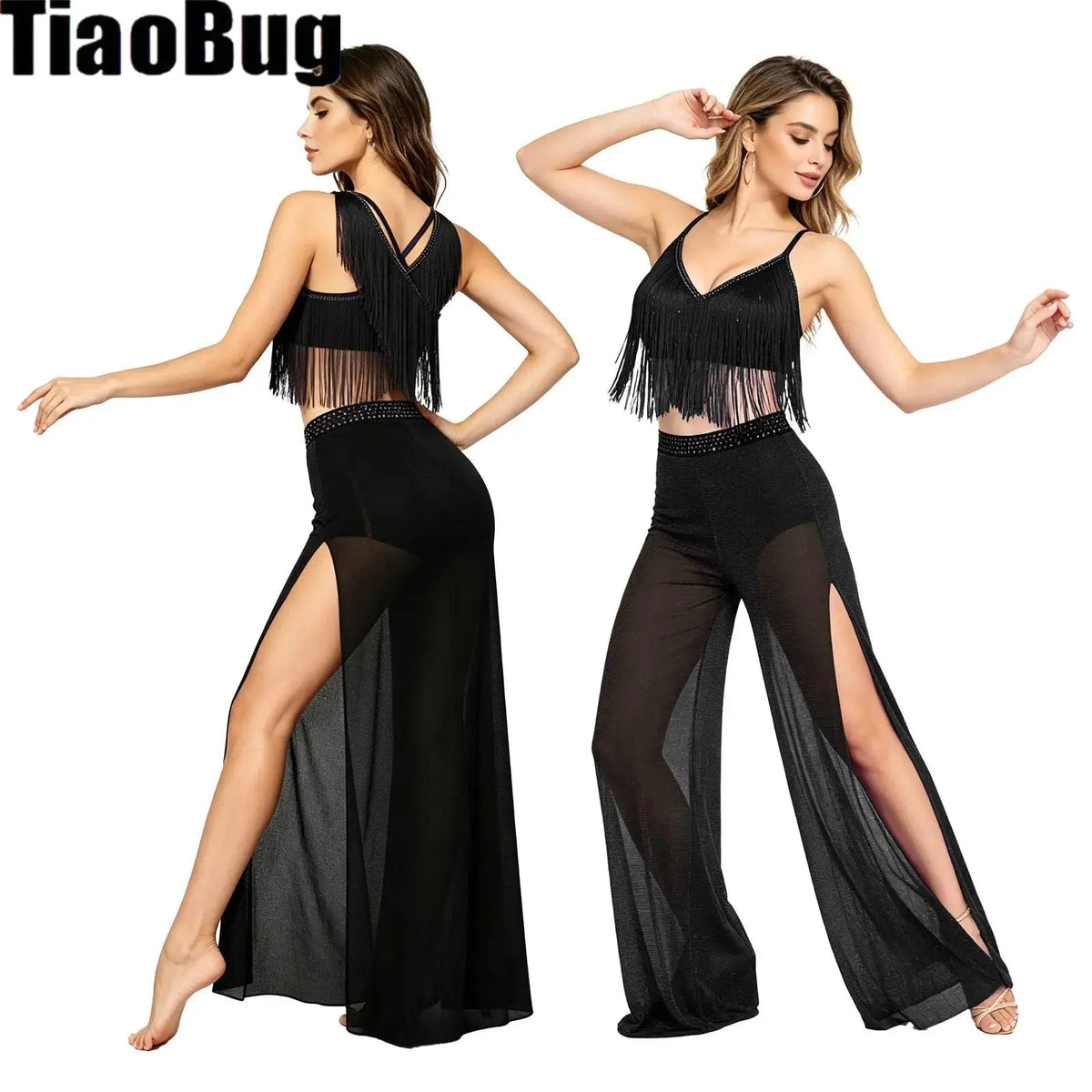 Womens Modern Dance Outfit V-neck Sleeveless Back Crossing Fringed Crop Top And Mesh Wide Leg Pants with Briefs Good Vibrations