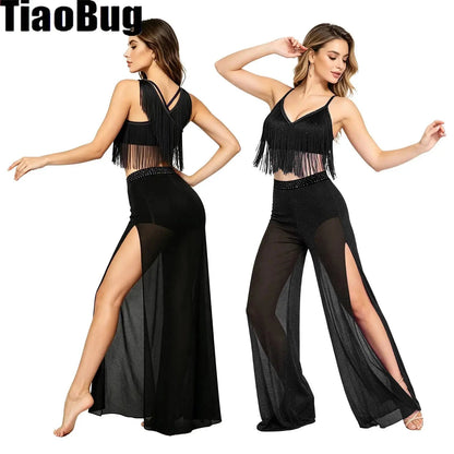 Womens Modern Dance Outfit V-neck Sleeveless Back Crossing Fringed Crop Top And Mesh Wide Leg Pants with Briefs Good Vibrations