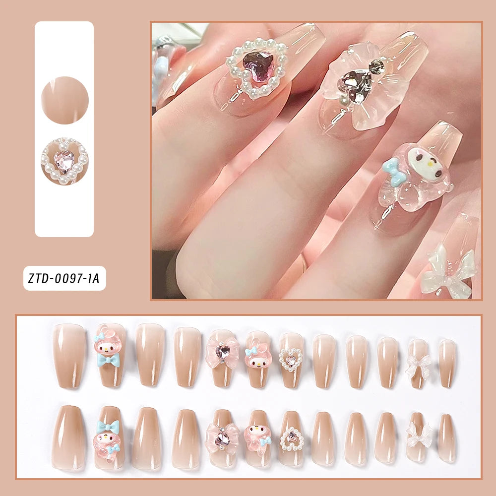 Sanrio Kawaii Pink My Melody Fake Nails 24Pc 3D kuromi Anime Cute Nail Patches False Nail Tips Cartoon Y2K Fashion Press on Nail Good Vibrations