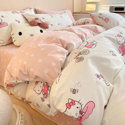 Sanrio 100% Cotton Bedding Set Cute Hello Kitty Kuromi Melody King Queen Pillowcase Bed Linens Girl Dorm Bedclothes Home Textile Good Vibrations