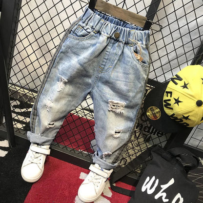 Boys Jeans Fashion Hole New Children Straight Cylinder Casual Jeans Spring Autumn Korean Style Elastic Waist Kids 3-8Ys Trousers Good Vibrations