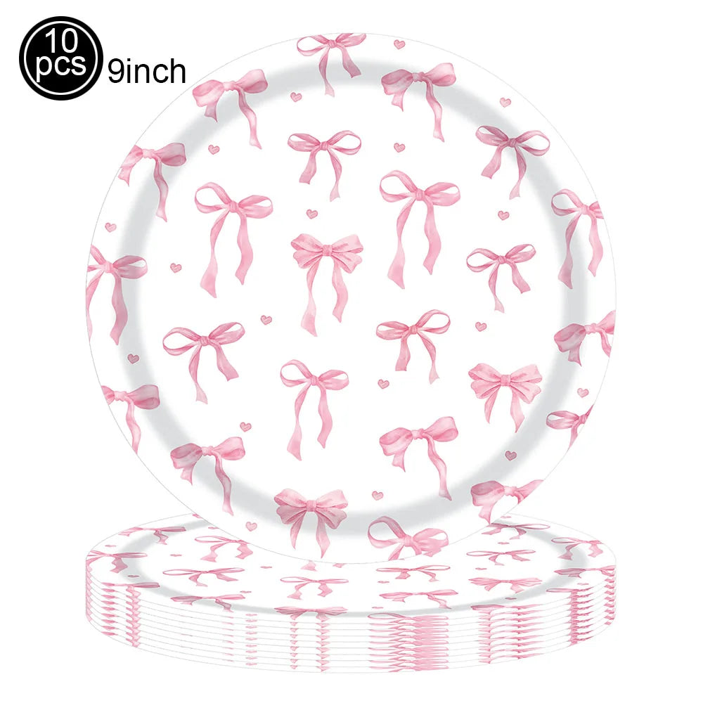 Pink Banner Happy Birthday Bow Balloon Straw Disposable Paper Plate Napkin Cup Tableware Princess Girl Birthday Party Supplies Good Vibrations
