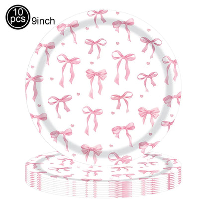 Pink Banner Happy Birthday Bow Balloon Straw Disposable Paper Plate Napkin Cup Tableware Princess Girl Birthday Party Supplies Good Vibrations