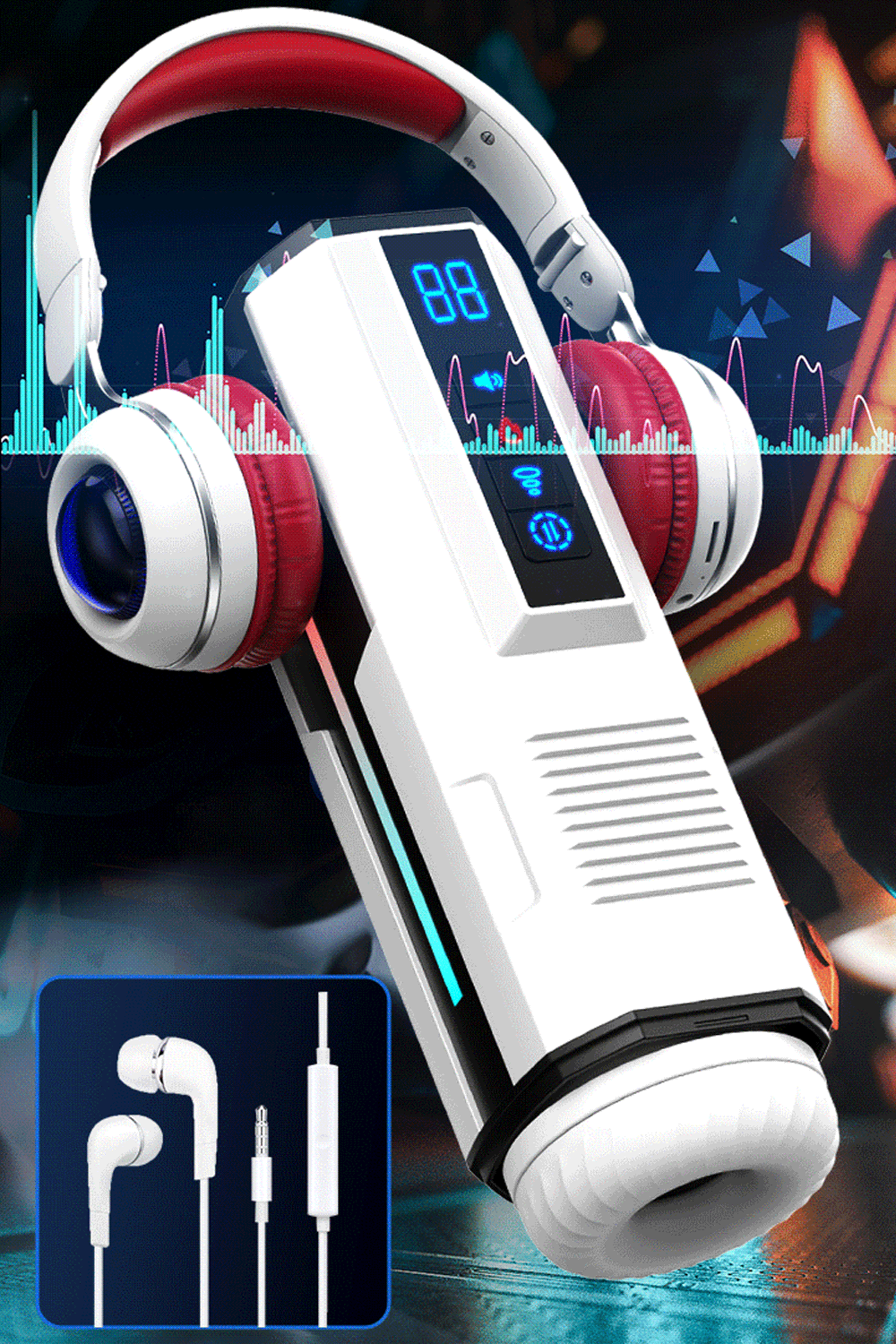 Automatic telescopic male masturbator with sucking and vibrating functions, featuring headphones for immersive experience.