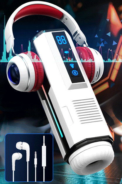 Automatic telescopic male masturbator with sucking and vibrating functions, featuring headphones for immersive experience.