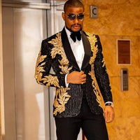 Men's Gold Sequin Applique Fashion Trend Suit Set High-Quality Casual Jacket And Western Pants Two-Piece Ensemble Good Vibrations