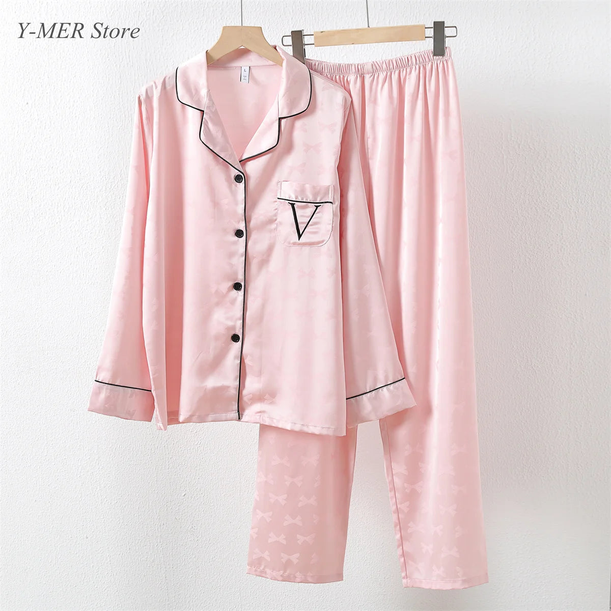 Pink Pajamas Set Bow Print 2Piece Set Women Rayon Homewear Long Sleeve Trousers Suit Lapel Loungewear Nightwear Casual Outfit Good Vibrations