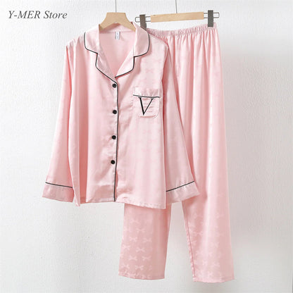 Pink Pajamas Set Bow Print 2Piece Set Women Rayon Homewear Long Sleeve Trousers Suit Lapel Loungewear Nightwear Casual Outfit Good Vibrations