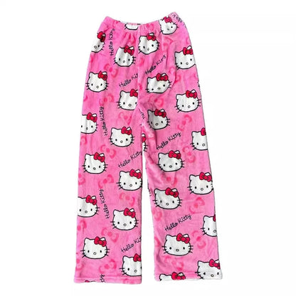 Sanrio Cartoon Hello Kitty Flannel Pajamas Black Women's Warm Woolen Cartoon Casual Home Pants In Autumn Winter Fashion Trousers Good Vibrations