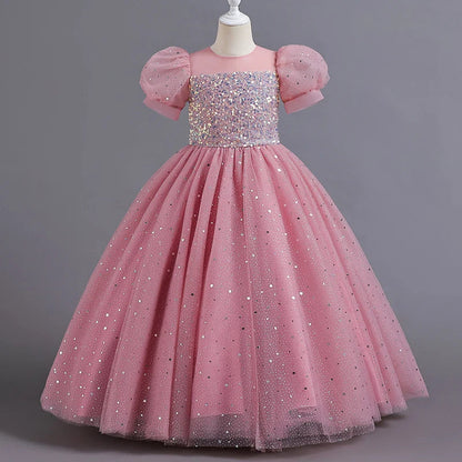 8903 Children's Dress Girls' Princess Sequin Bubble Sleeve Long Mesh Flower Little Girl Wedding For Summer Good Vibrations