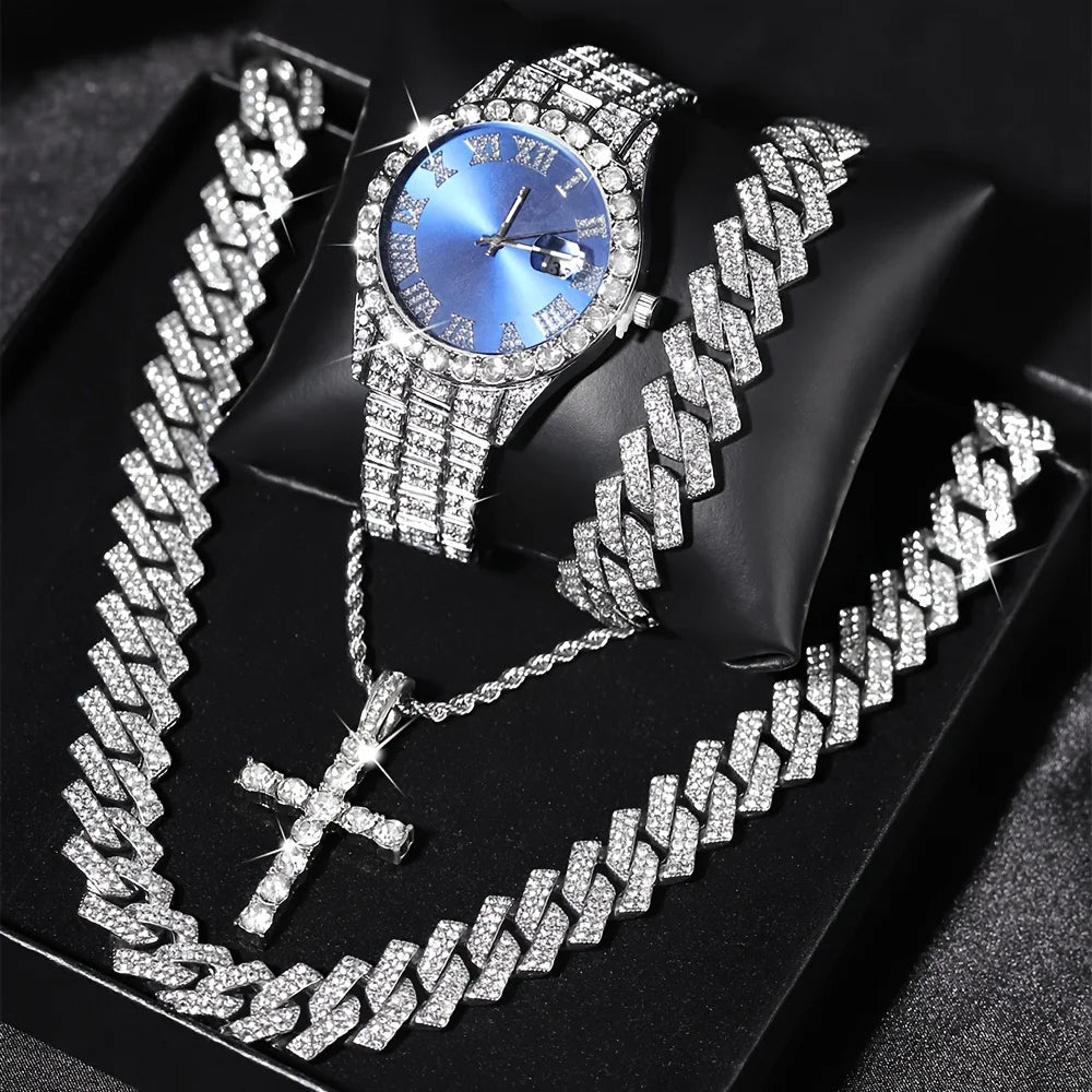 4pcs/set Mens Bling Wrist Watch & Hip Hop Cuban Chain Necklace Set - Rhinestone Accented, Round Dial, Electronic Quartz Movement Good Vibrations