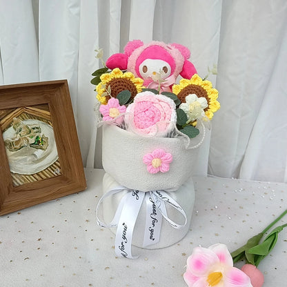 Hug bucket Hello Kitty Kuromi Cinnamoroll Plush bouquet  Handmade Knitting Sunflower Rose Flower Valentine's Day Birthday Gift Good Vibrations