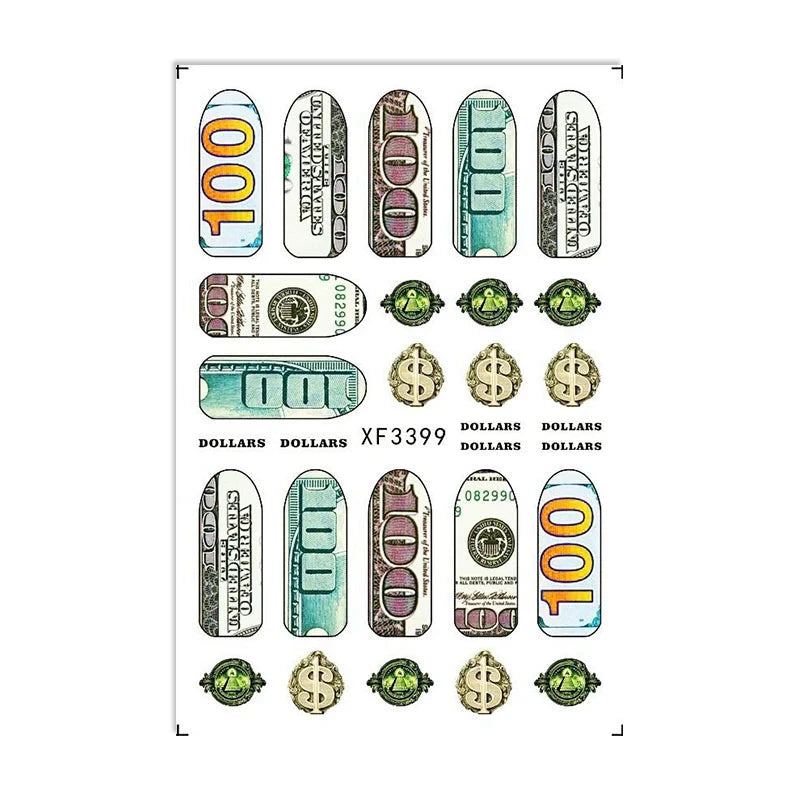 3D Money Dollar Sign Design Nail Art Sticker Decals Self Adhesive Manicure Tips Wraps Decoration Sliders for Nails Good Vibrations