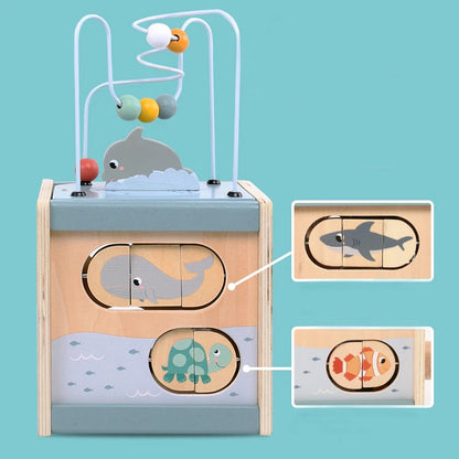 Wooden Activity Cube for Toddlers 5in1 Animal Shape Sorter Bead Maze Montessori Educational Toys Baby 6-12 Months Learning Toys Good Vibrations