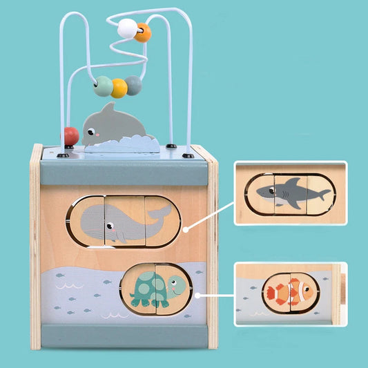 Wooden Activity Cube for Toddlers 5in1 Animal Shape Sorter Bead Maze Montessori Educational Toys Baby 6-12 Months Learning Toys Good Vibrations
