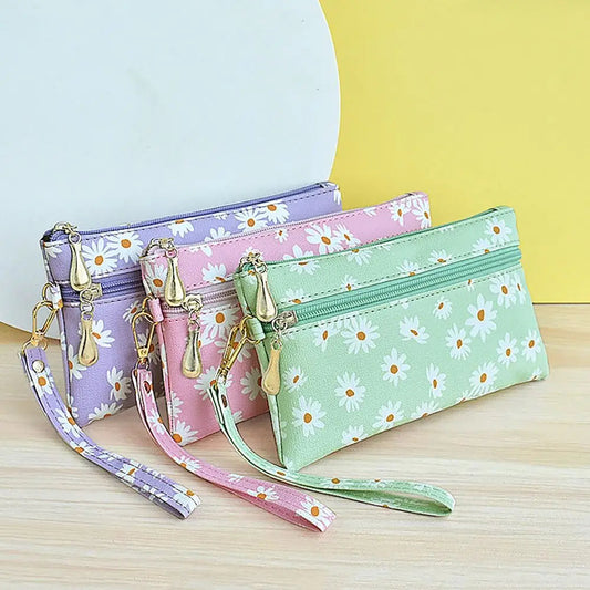 PU Leather Money Coin Purse Daisy Printed with wrist strap Credit Card Holoder Wear-resistant Zipper Pocket Purse Good Vibrations