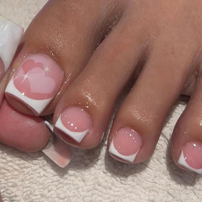 24pcs French Fake Toenails Pink Gradient Full Cover Short Square Toe Nails Foot Nails Tips for Women Girls Good Vibrations