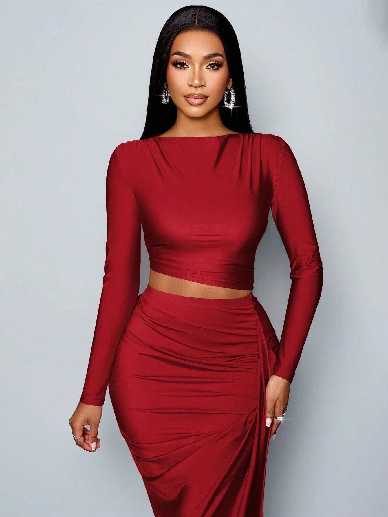 Women's Two-piece Set: Solid Color Elegant Leisure Simple Asymmetric Collar Long-sleeve T-shirt and Fitted Pleated Side Slit Lon Good Vibrations