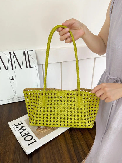 2026 New Fashion Hollow Out Woven Tote Bag for Women Large Capacity Commute Single Shoulder Handbag for Summer Good Vibrations