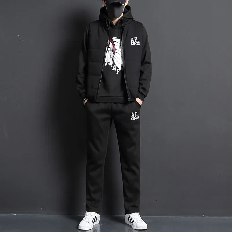 3 Pieces Set Hoodies+Vest+Pants Casual Men's Track Suit Clothing Coats Winter Thick Warm Tracksuit for Men Printed Mens Set Vest Good Vibrations
