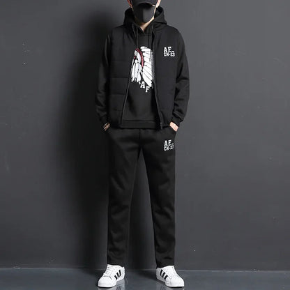 3 Pieces Set Hoodies+Vest+Pants Casual Men's Track Suit Clothing Coats Winter Thick Warm Tracksuit for Men Printed Mens Set Vest Good Vibrations