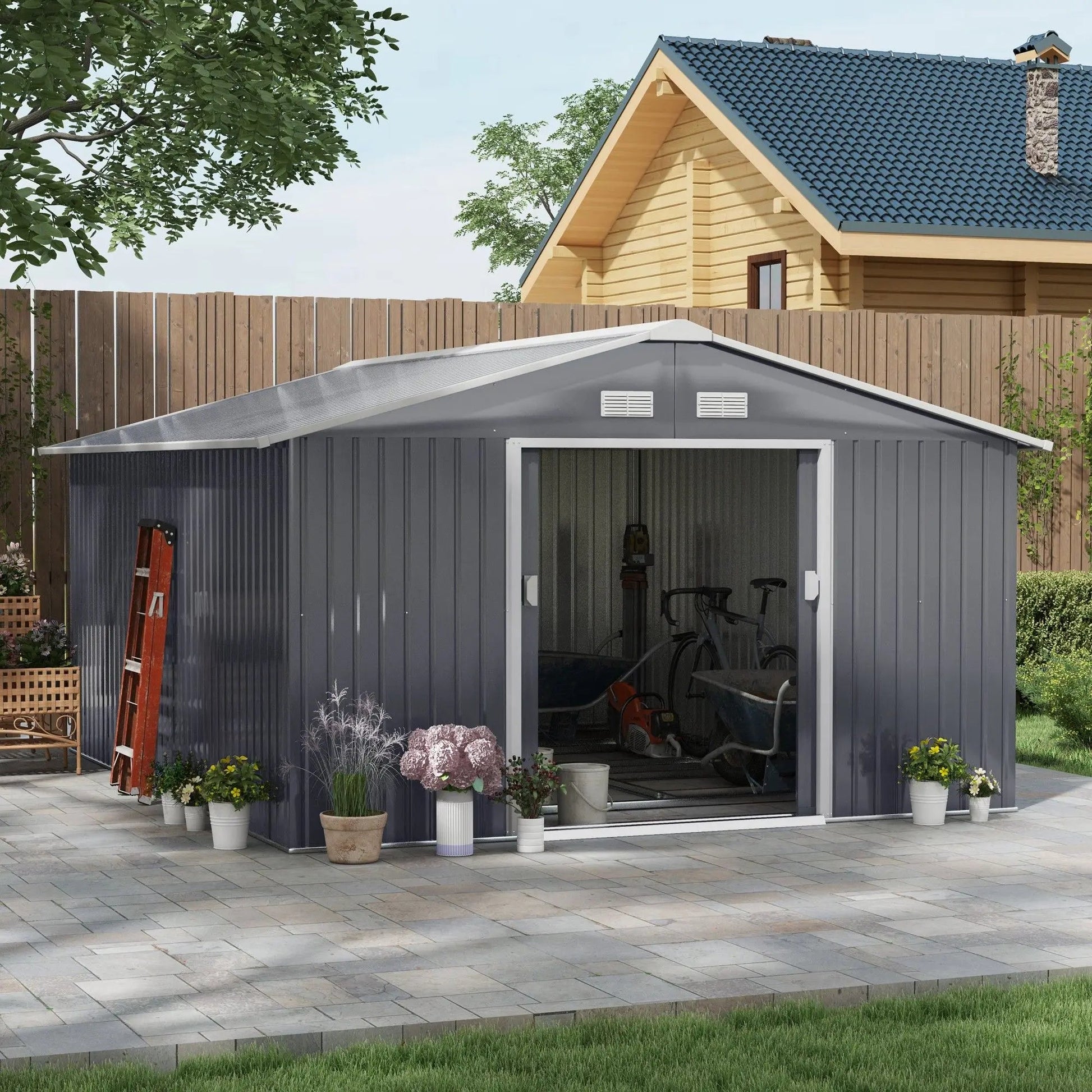 12.6' x 11' Metal Storage Shed, Garden Tool House with Double Sliding Doors, 4 Air Vents for Backyard, Patio & Lawn, Dark Gray Good Vibrations