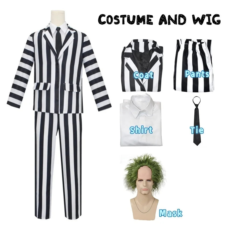 Men's Adult Halloween Costume Black and White Striped Suit Shirt and Tie Scary Costumes Spooky Beetla Halloween Cosplay Outfits Good Vibrations