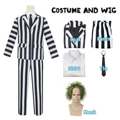 Men's Adult Halloween Costume Black and White Striped Suit Shirt and Tie Scary Costumes Spooky Beetla Halloween Cosplay Outfits Good Vibrations