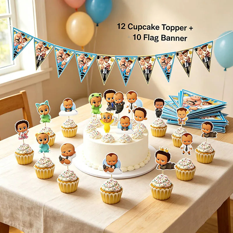 Holiday Gathering Decor Pack Boss Baby Character Print Cupcake Toppers Triangle Flag Banner Disposable Party Ornaments Good Vibrations
