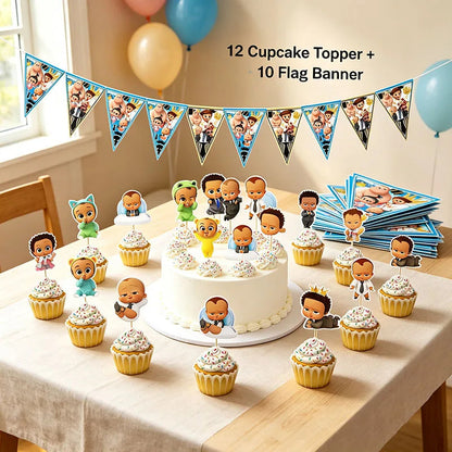 Holiday Gathering Decor Pack Boss Baby Character Print Cupcake Toppers Triangle Flag Banner Disposable Party Ornaments Good Vibrations
