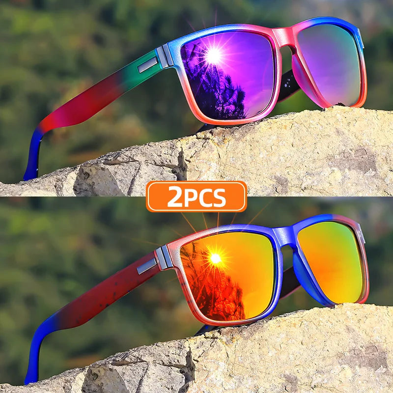2pcs Classic Square Frame Sunglasses, Gradient Color, Full Rim, Polycarbonate Frame, TAC Lens, Polarizer, Sports Style Good Vibrations