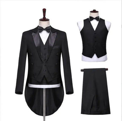 Mens Tuxedo Tailcoat Formal Dress Suits Swallow Tail Coat Navy Blue Male Jacket and Pants Party Wedding Dance Magic Performance Good Vibrations