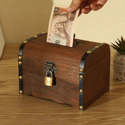 Wooden Retro Treasure Chest Piggy Bank Decorative Box With Lock,Coin,Banknote Storage Box Safe Money Box Gift cofre del tesoro Good Vibrations Adult Super Store